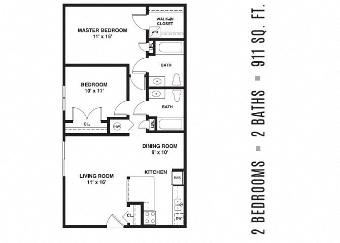 Floor plan for 2 beds, 2 baths, 911 sqft